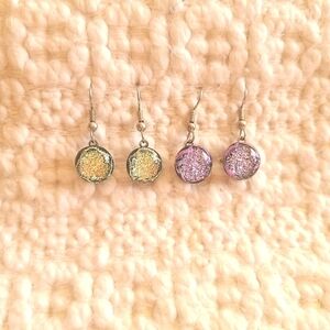 Iridescent Dichroic Glass Round Dangle Earrings, Light Purple & Light Green